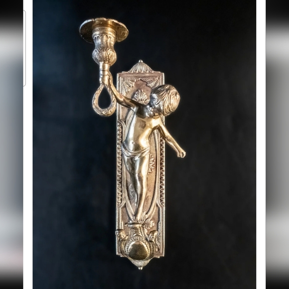 Lancini Italian Antique Brass Cherub Wall Sconce Candle Holders - Picture 3 of 11
